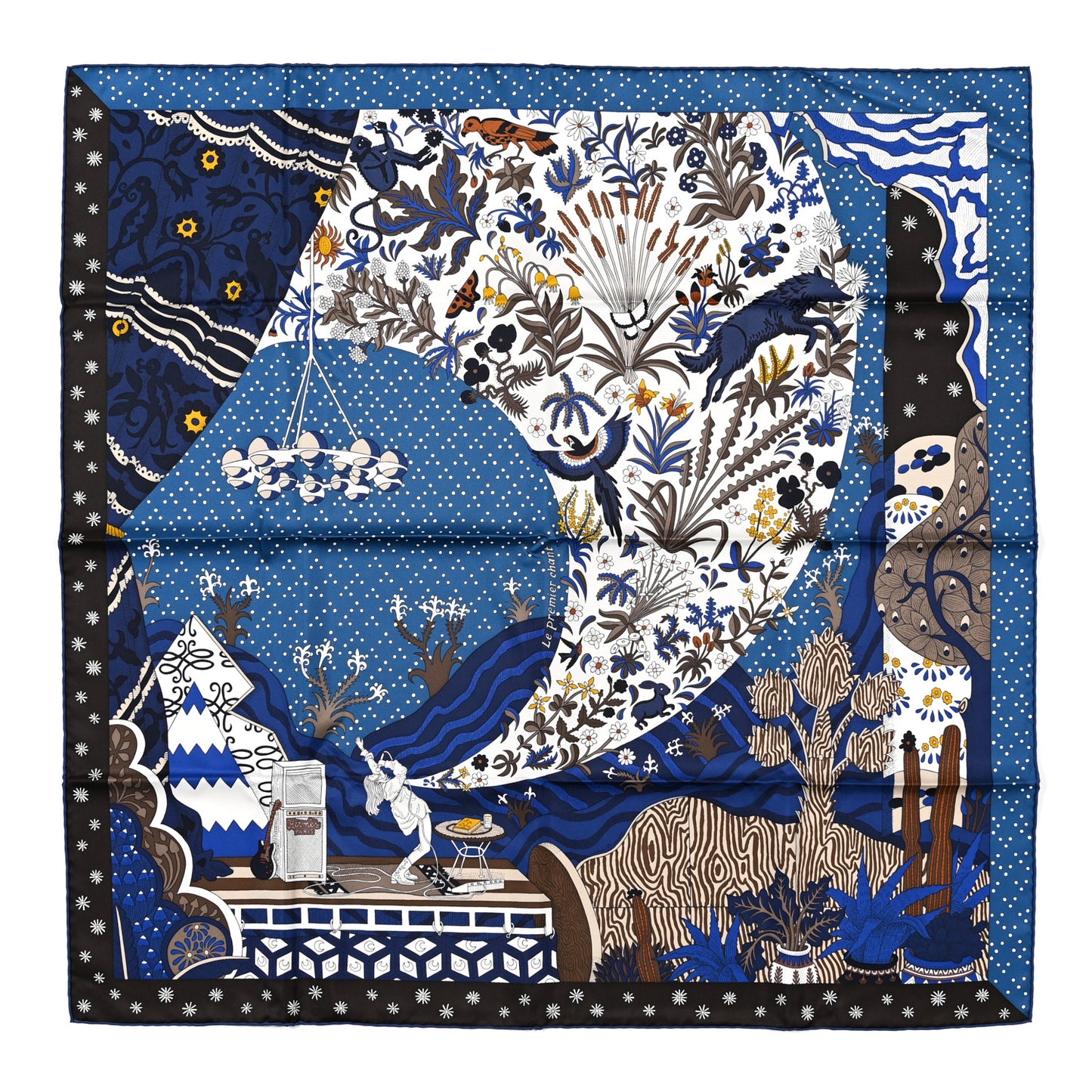 Silk Twill Le Premier Chant Scarf 90 Bleu Nuit White Ebene