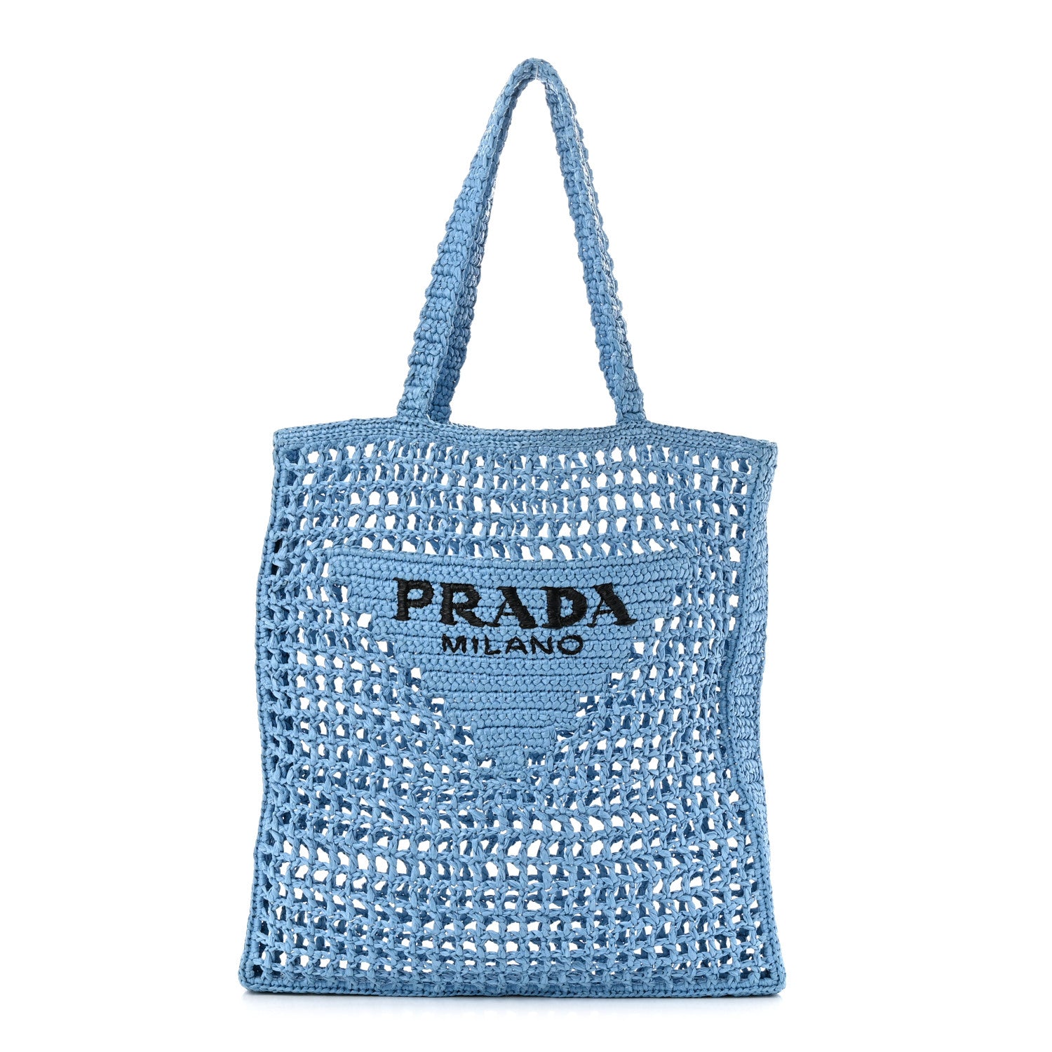 Prada Yarn Raffia Effect Crochet Logo Embroidered Tote Bag Celeste 1 of 9