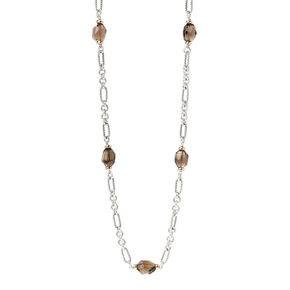 David Yurman Sterling Silver 18K Yellow Gold Smoky Quartz Figaro Station Link Necklace 1 of 4