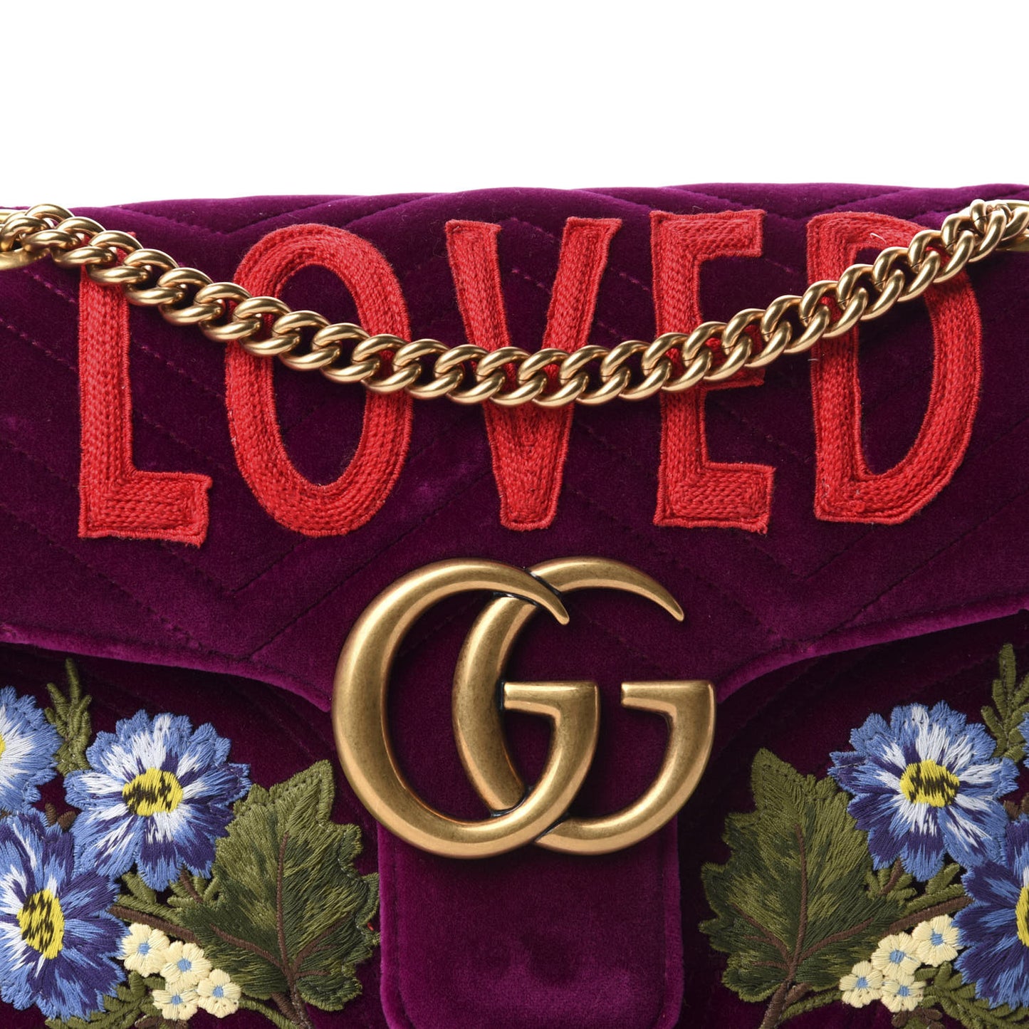 Velvet Matelasse Loved Embroidered Medium GG Marmont Shoulder Bag Fuchsia Violet Cyclamen