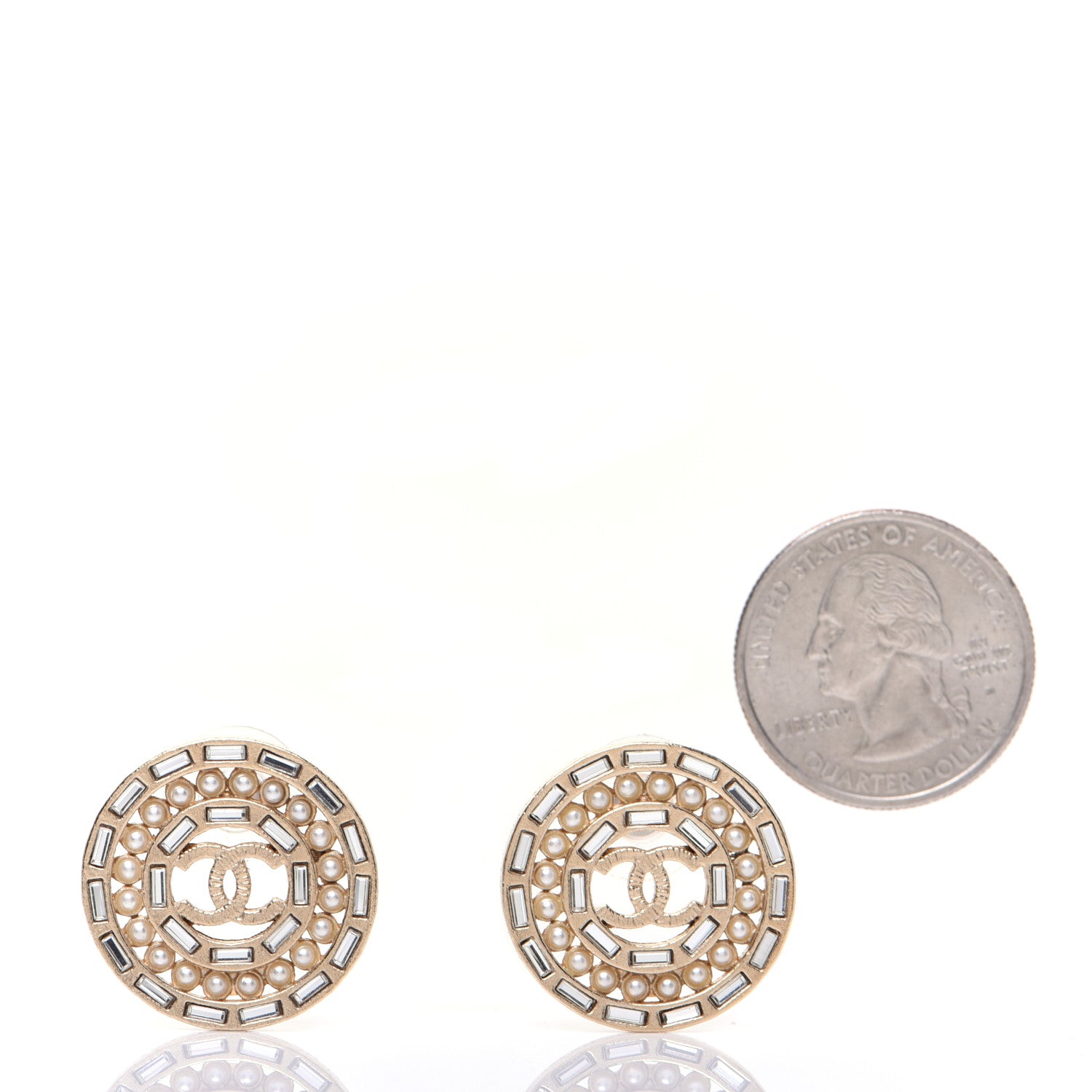 Chanel Pearl Crystal Baguette CC Round Earrings Gold 3 of 11
