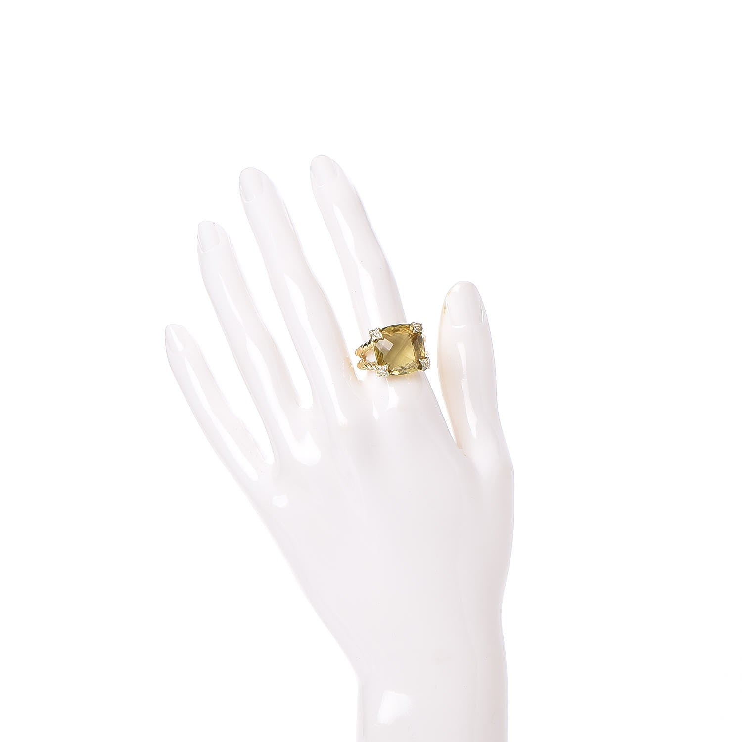 David Yurman 18K Yellow Gold Citrine Diamond 15mm Cushion On Point Ring 54 7 2 of 6