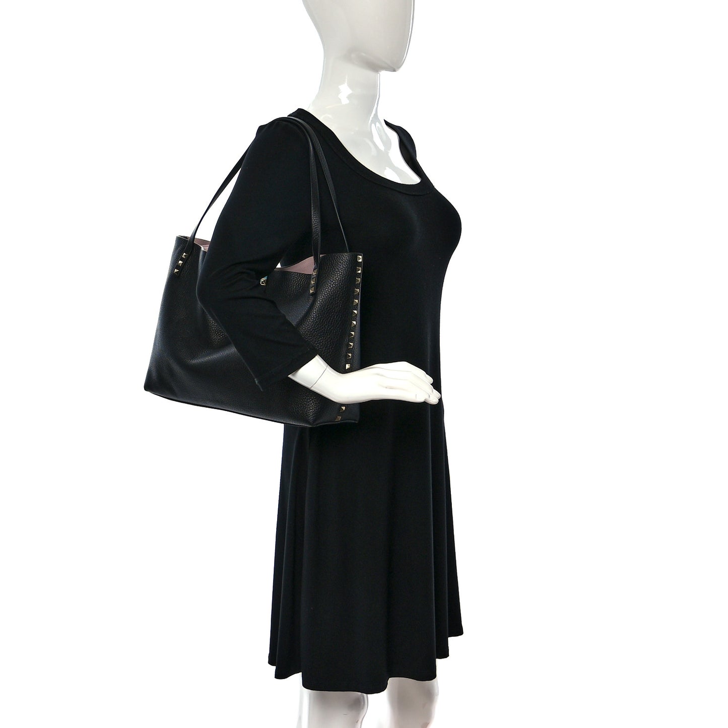 Grainy Calfskin Medium Rockstud Tote Black Rose Quartz