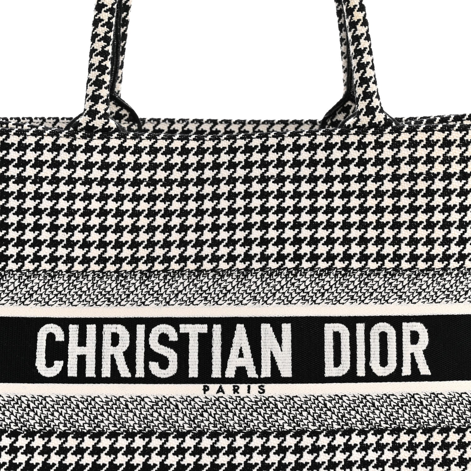 Christian Dior Canvas Houndstooth Embroidered Medium Book Tote Black White 8 of 13