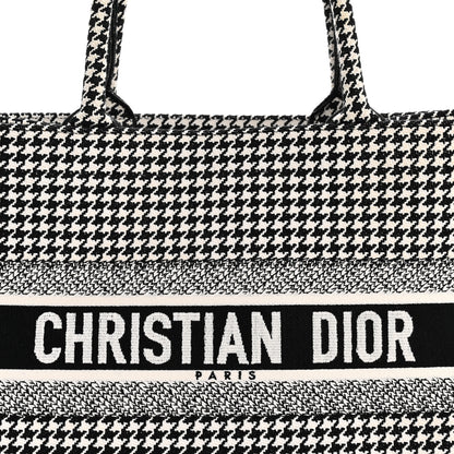 Christian Dior Canvas Houndstooth Embroidered Medium Book Tote Black White 8 of 13