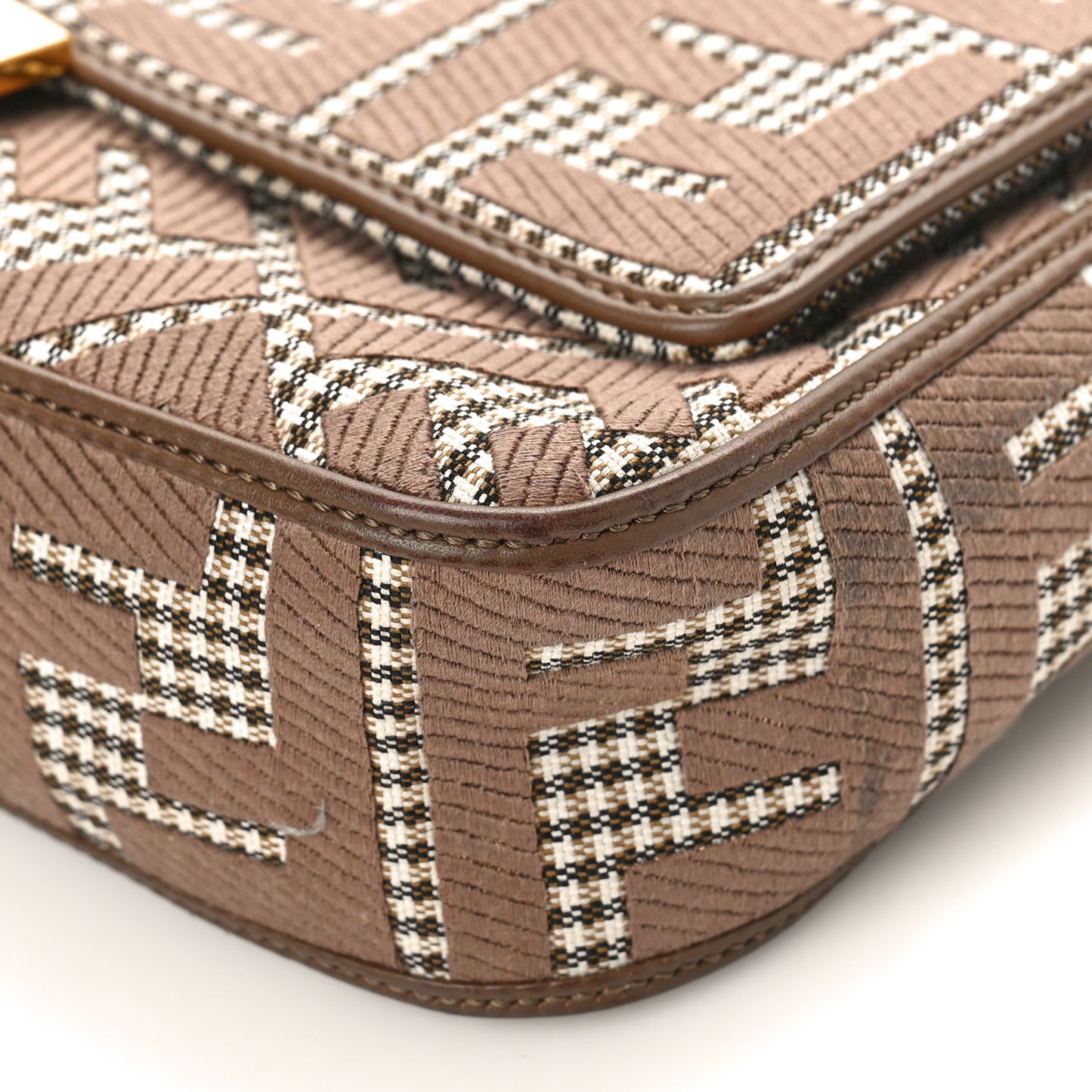 Wool Vitello King Houndstooth FF Embroidered Baguette Beige Moro