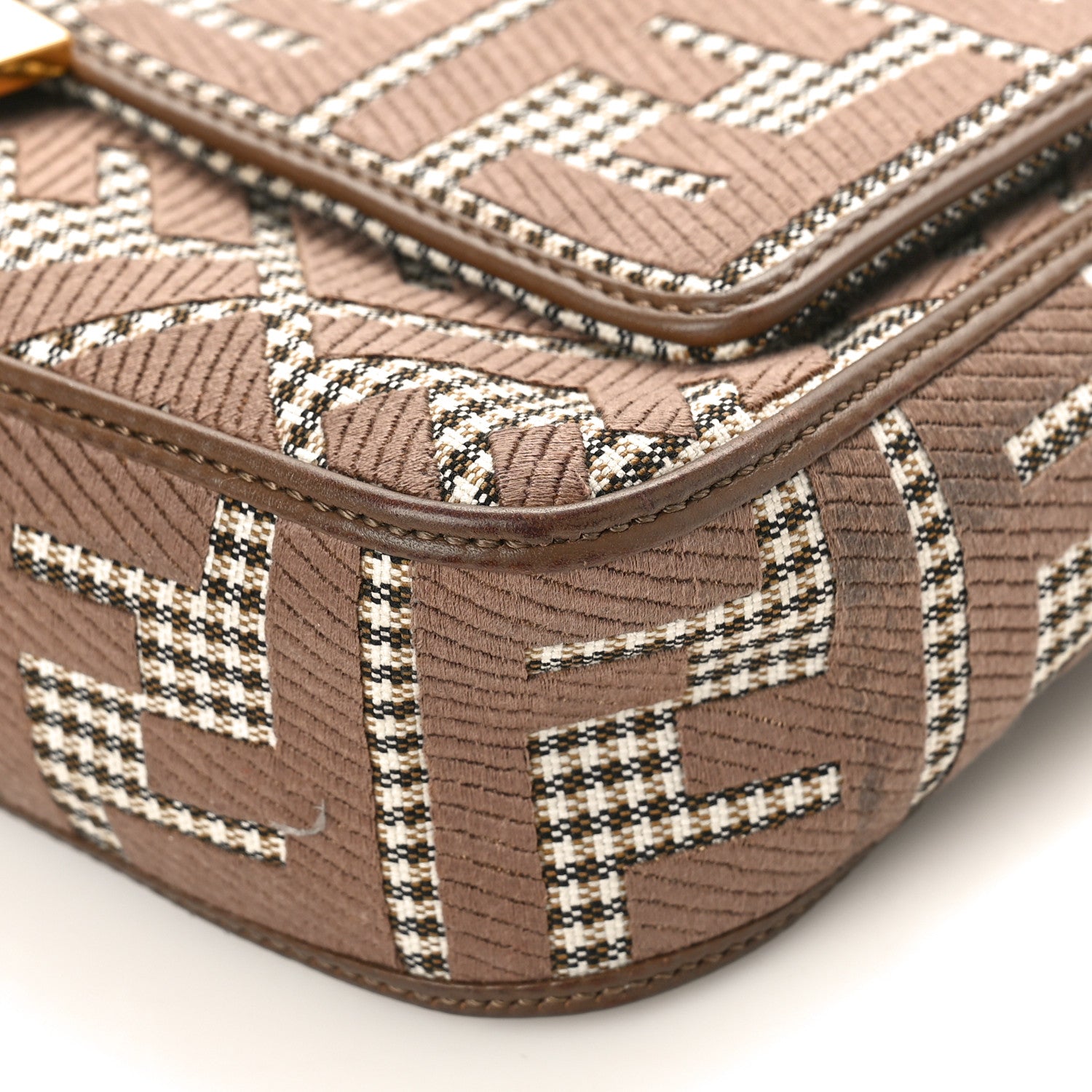 Fendi Wool Vitello King Houndstooth FF Embroidered Baguette Beige Moro 8 of 12