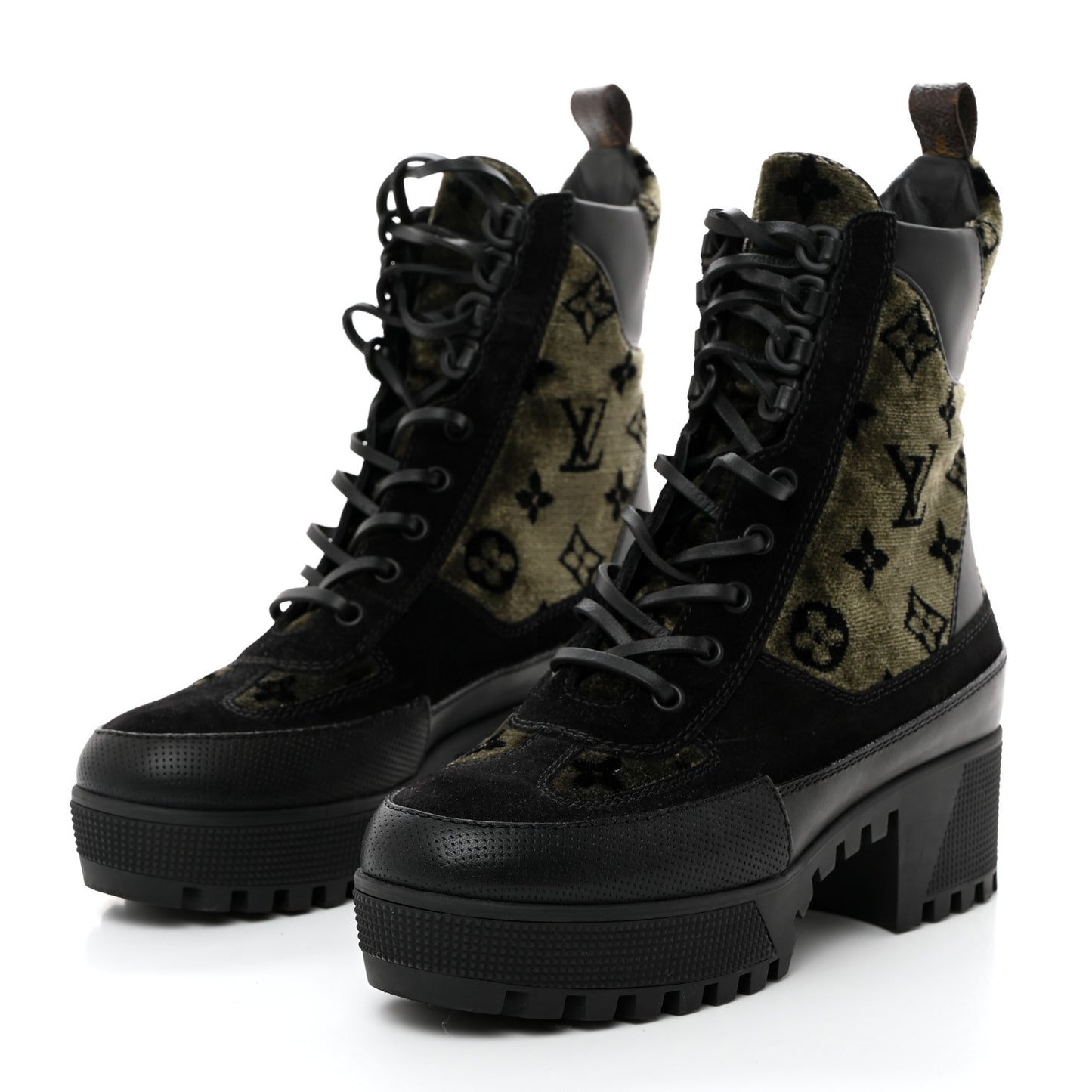 Velvet Calfskin Monogram Laureate Platform Desert Boots 37 Black Green