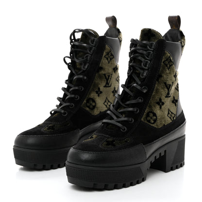 Louis Vuitton Velvet Calfskin Monogram Laureate Platform Desert Boots 37 Black Green 5 of 18