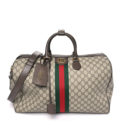 GG Supreme Monogram Textured Dollar Calfskin Web Medium Savoy Duffle Bag Beige Dark Brown
