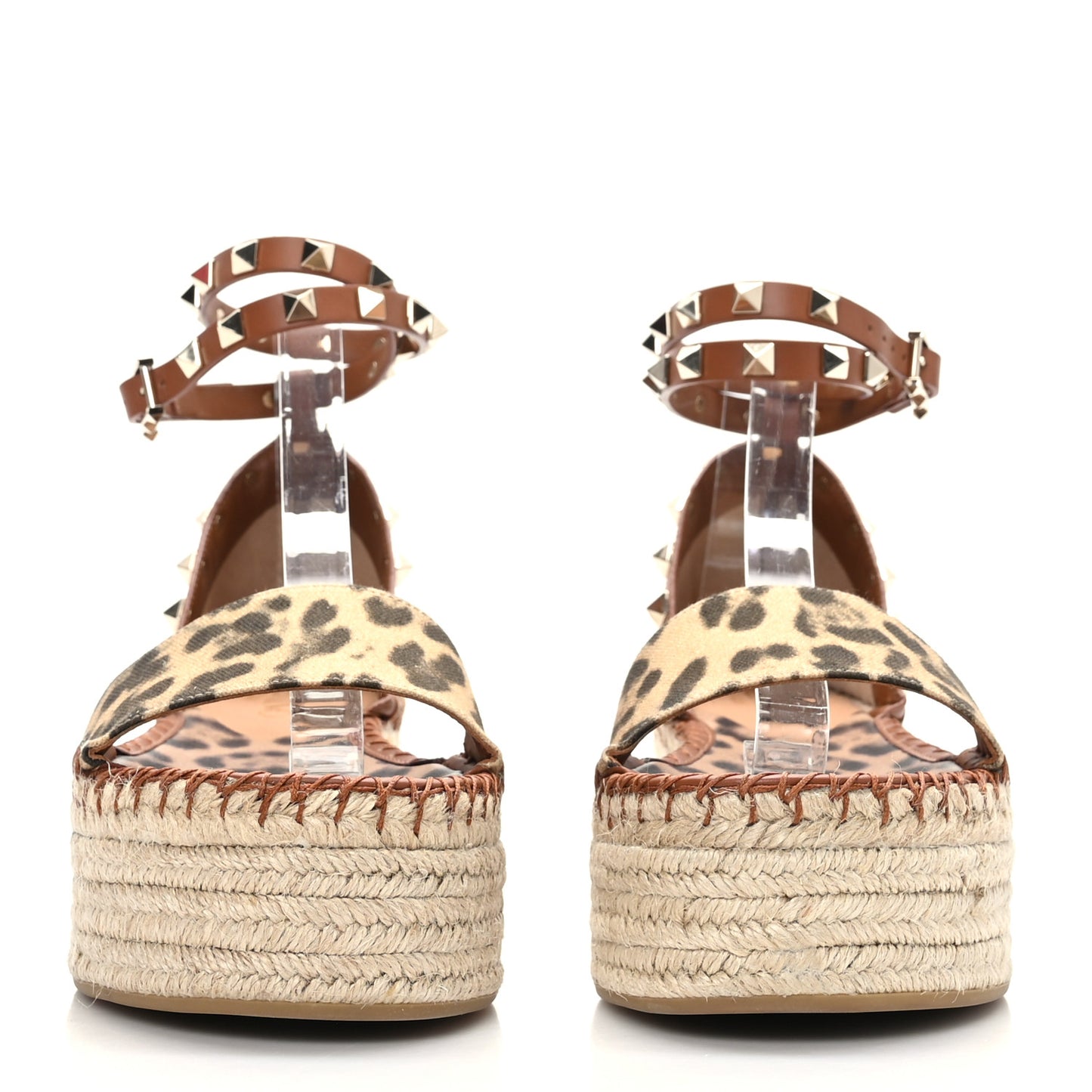 Canvas Leopard Print Rockstud Ankle Wrap Espadrille Flatform Sandals 37 Brown