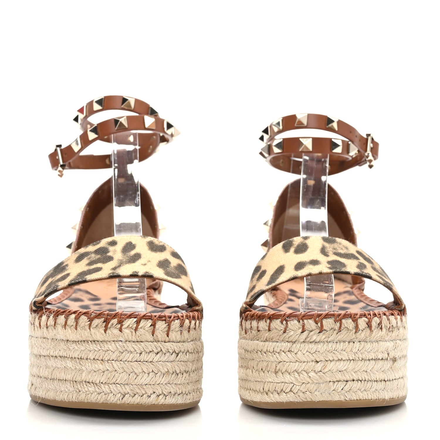 Valentino Garavani Canvas Leopard Print Rockstud Ankle Wrap Espadrille Flatform Sandals 37 Brown 2 of 8