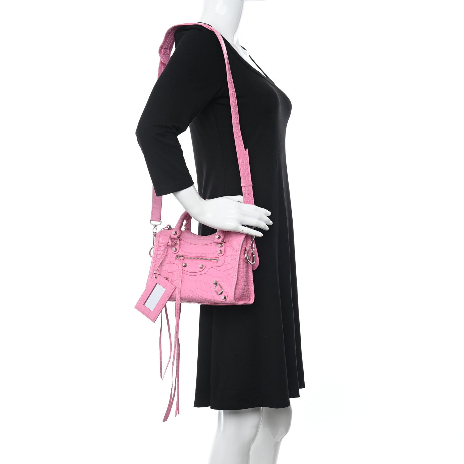 Balenciaga Shiny Supple Calfskin Crocodile Embossed Classic Silver Hardware Mini City Baby Pink 2 of 10