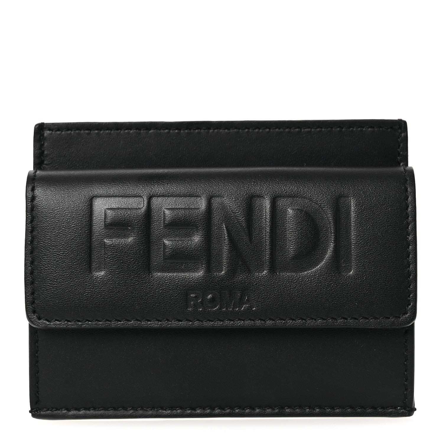 Fendi Vitello King Tamponato Logo Embossed Fold Over Card Holder Wallet Black 1 of 7