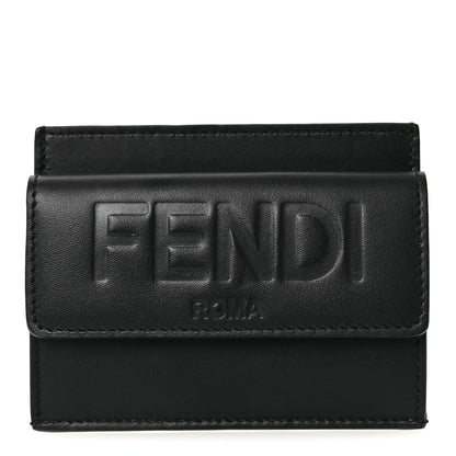 Fendi Vitello King Tamponato Logo Embossed Fold Over Card Holder Wallet Black 1 of 7