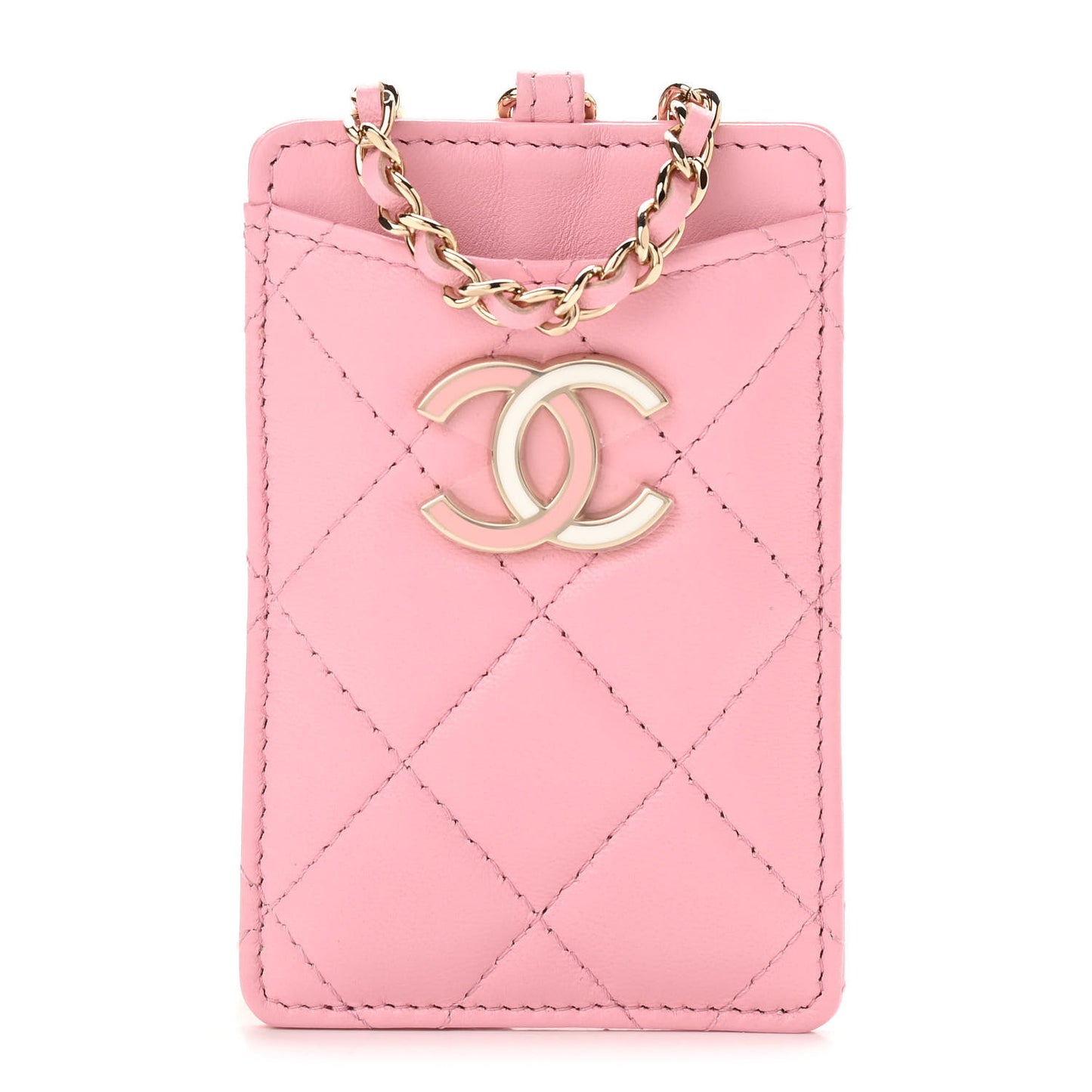 Lambskin Quilted Chanel Card Holder On Chain Pink