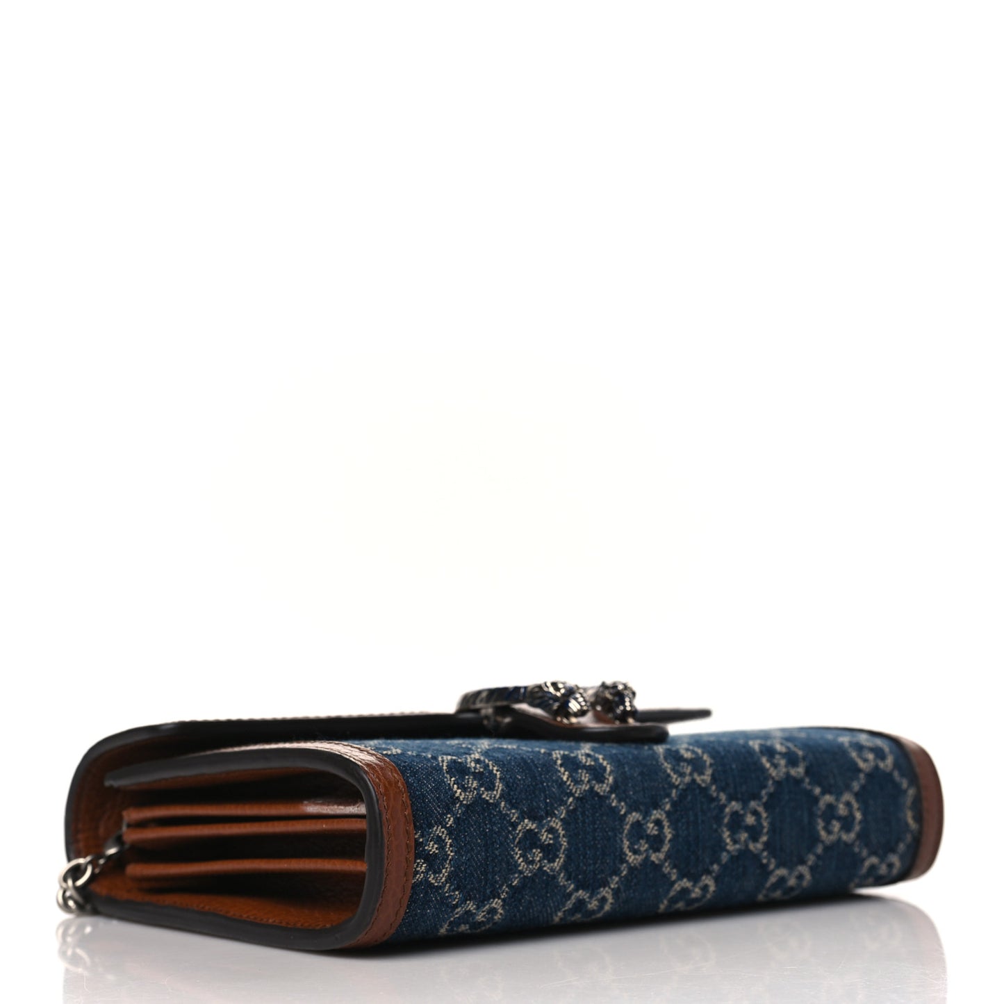 New Denim GG Monogram Dollar Calfskin Enamel Mini Dionysus Chain Wallet Blue Tea Cuir Epilog Electric Blue
