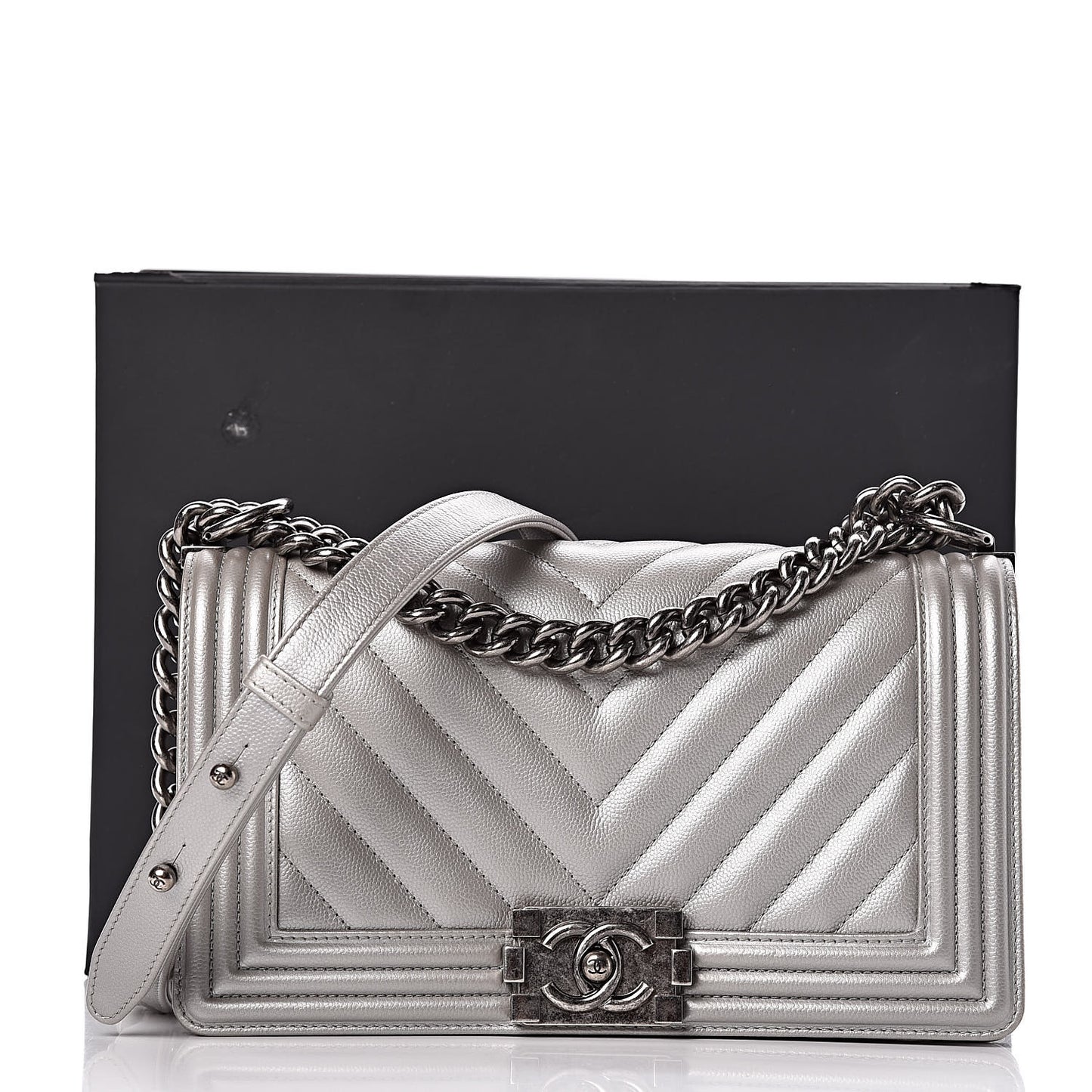 Metallic Caviar Chevron Quilted Medium Boy Flap Silver