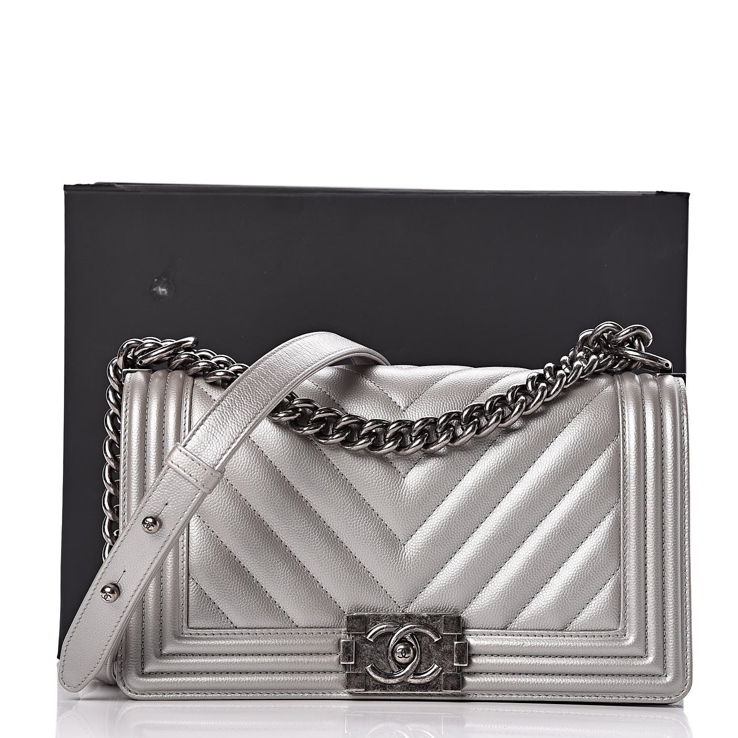 Chanel Metallic Caviar Chevron Quilted Medium Boy Flap Silver 11 of 11
