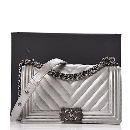 Chanel Metallic Caviar Chevron Quilted Medium Boy Flap Silver 11 of 11