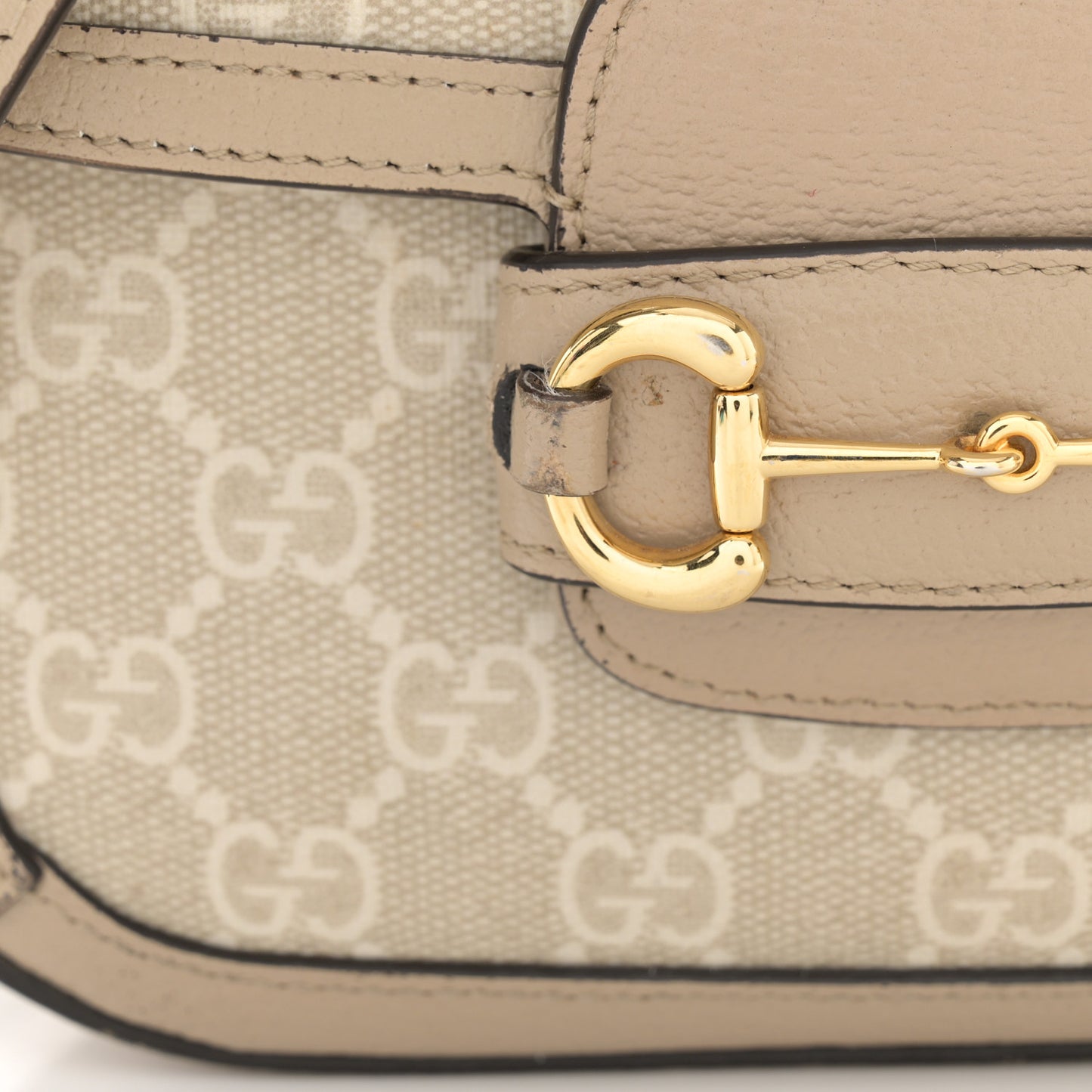 GG Supreme Monogram Textured Dollar Calfskin Web Mini Horsebit 1955 Shoulder Bag Beige Mystic White Oatmeal