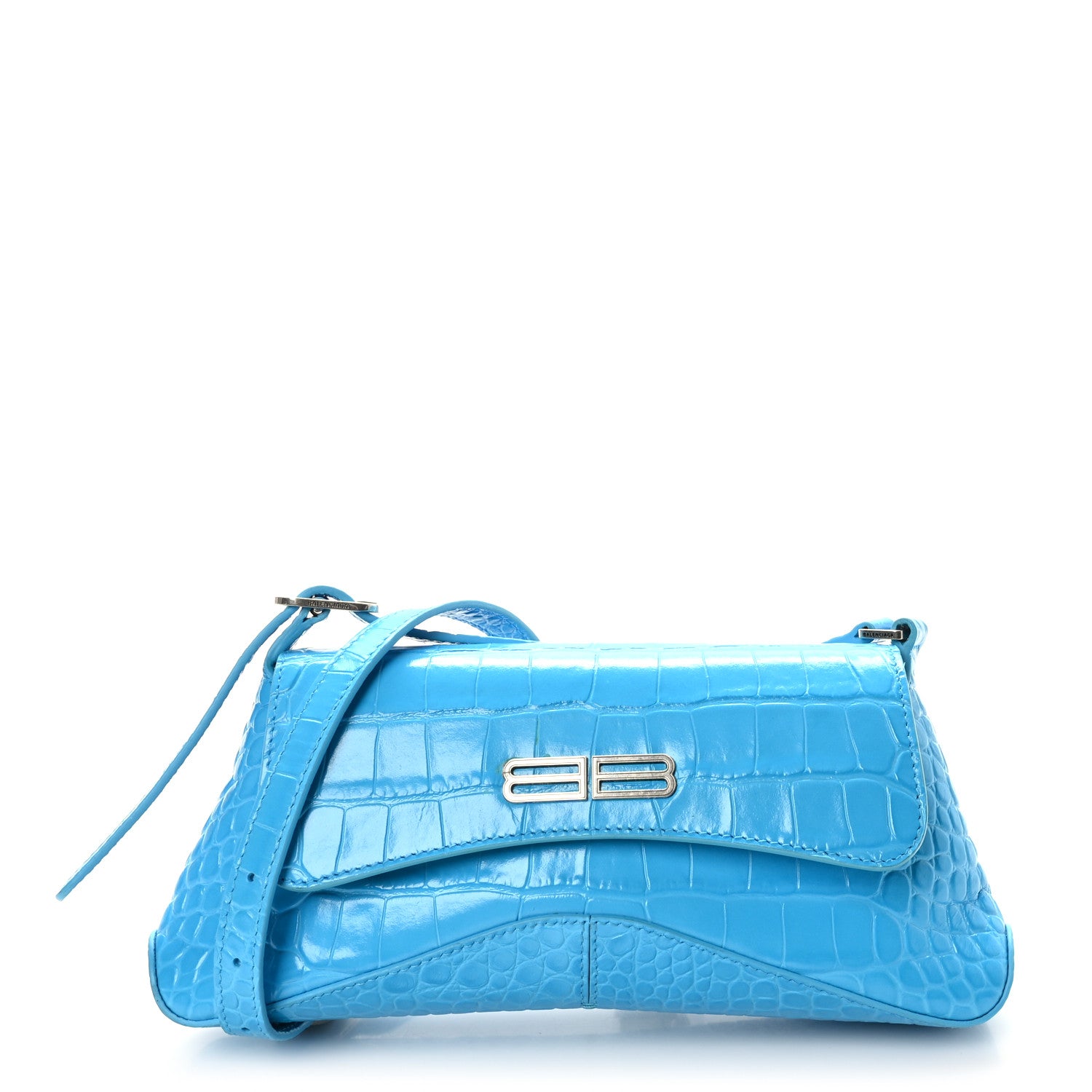 Balenciaga Shiny Super Supple Calfskin Crocodile Embossed Small XX Flap Stretch Bag Cyan 1 of 9