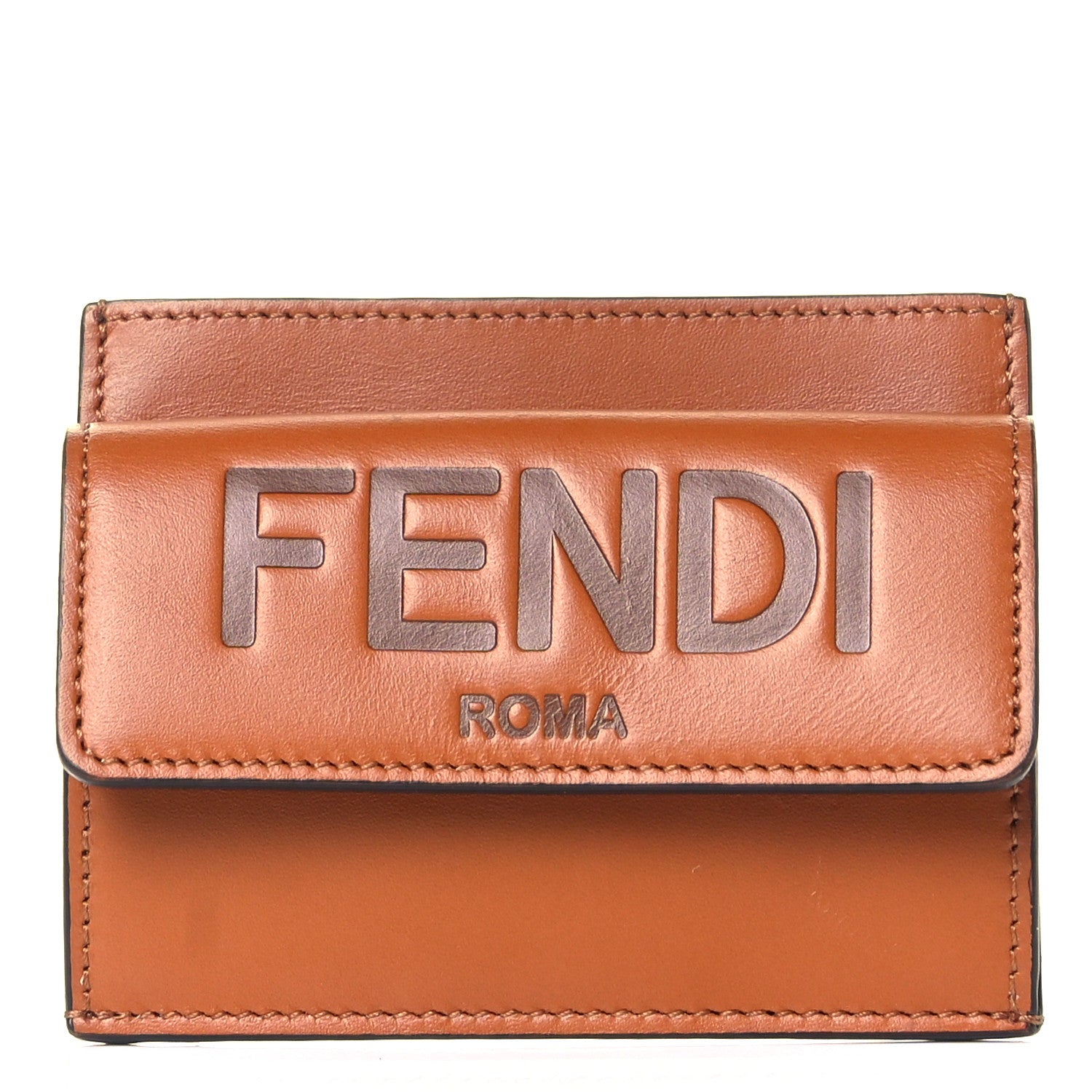 Fendi Vitello King Tamponato Logo Embossed Fold Over Card Holder Wallet Cuoio 2 of 19