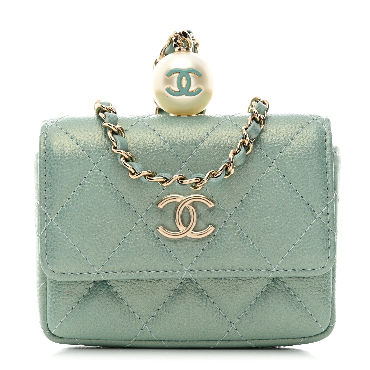 Iridescent Caviar Quilted Pearl On Top Coin Purse With Chain Light Green