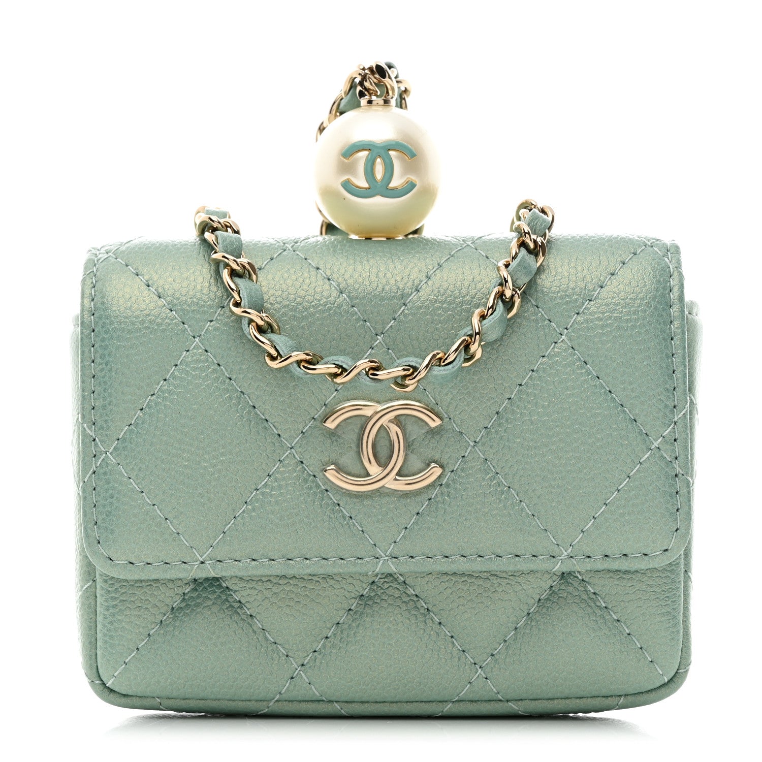 Chanel Iridescent Caviar Quilted Pearl On Top Coin Purse With Chain Light Green 1 of 8