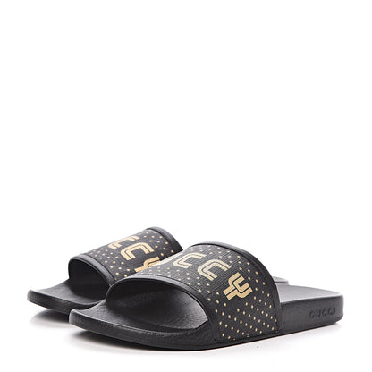 Gucci X SEGA Supreme Canvas GUCCY Stars Womens Slide Sandals 40 Black Gold 3 of 8