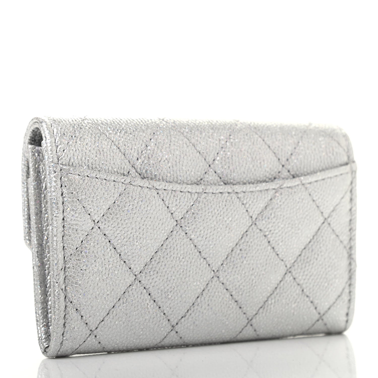 Chanel Glittered Metallic Caviar Quilted Flap Card Holder Wallet Silver 3 of 8