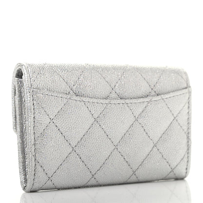 Chanel Glittered Metallic Caviar Quilted Flap Card Holder Wallet Silver 3 of 8