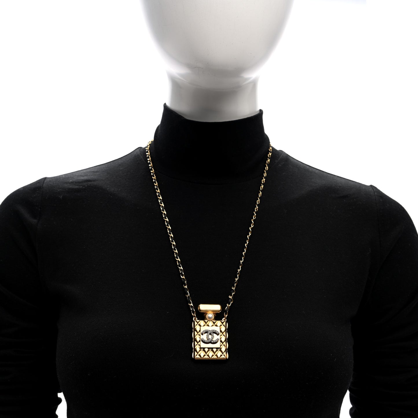 Lambskin Crystal Pearl Perfume Bottle CC Necklace Gold