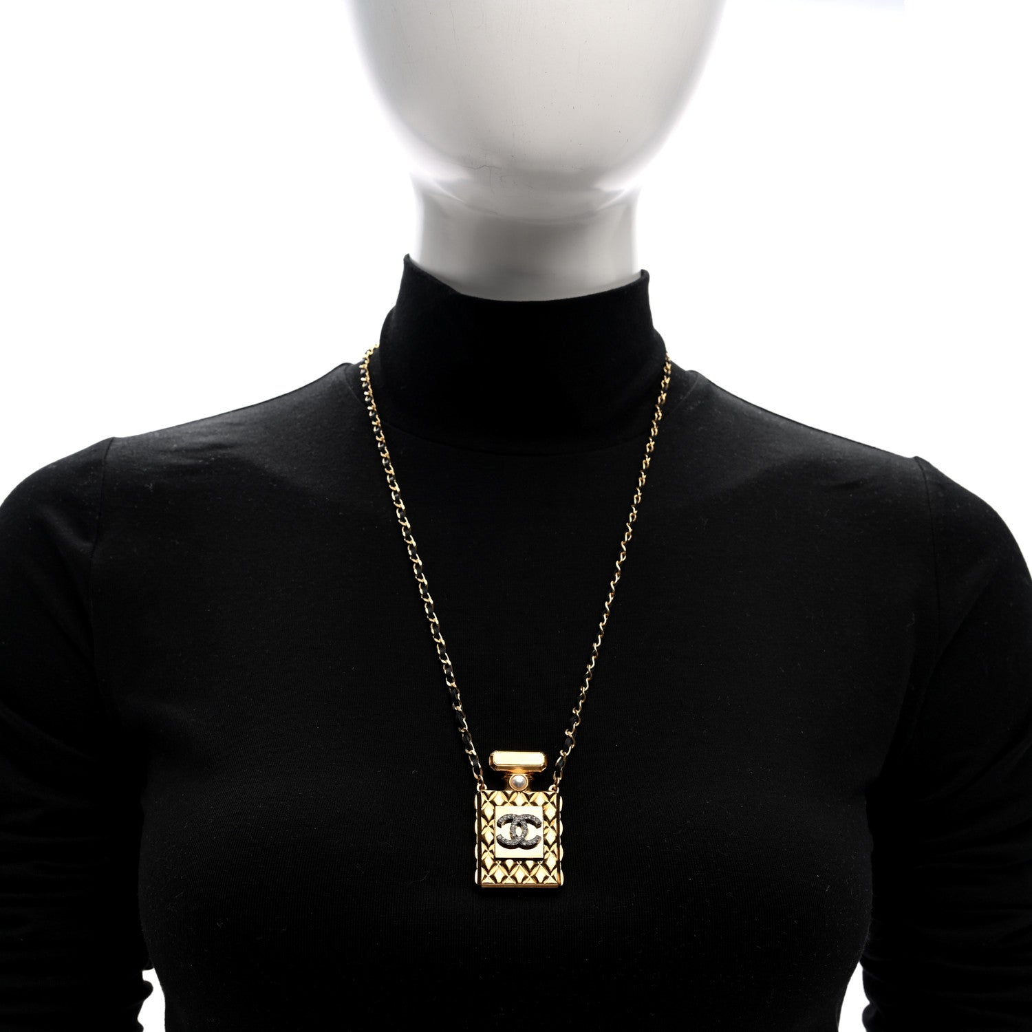 Chanel Lambskin Crystal Pearl Perfume Bottle CC Necklace Gold 2 of 5