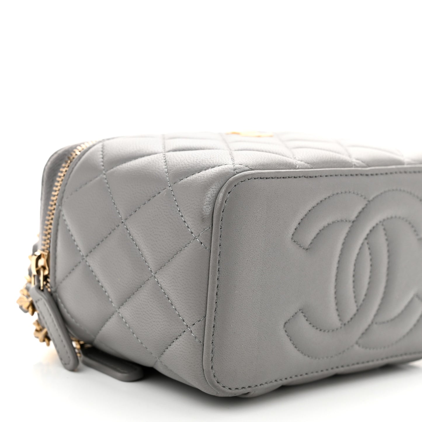 Lambskin Quilted Metal Small Top Handle Vanity Case With Chain Grey