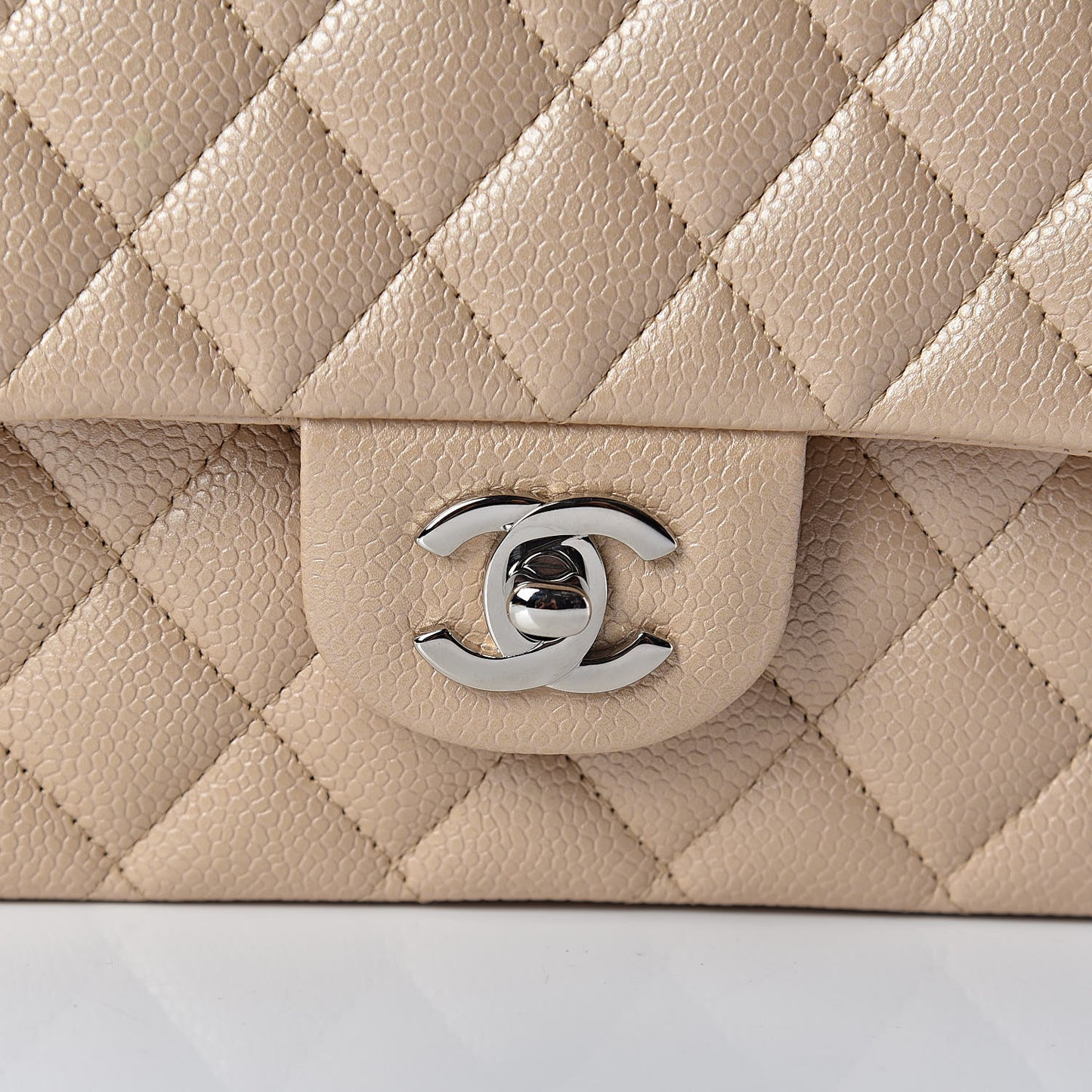 Pearly Caviar Quilted Medium Double Flap Light Beige