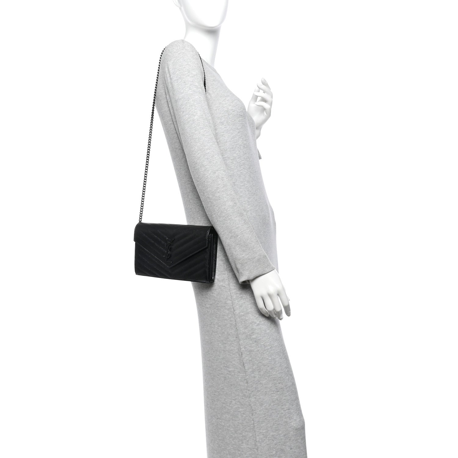 Saint Laurent Grain De Poudre Matelasse Chevron Monogram Monochrome Chain Wallet Black 2 of 10