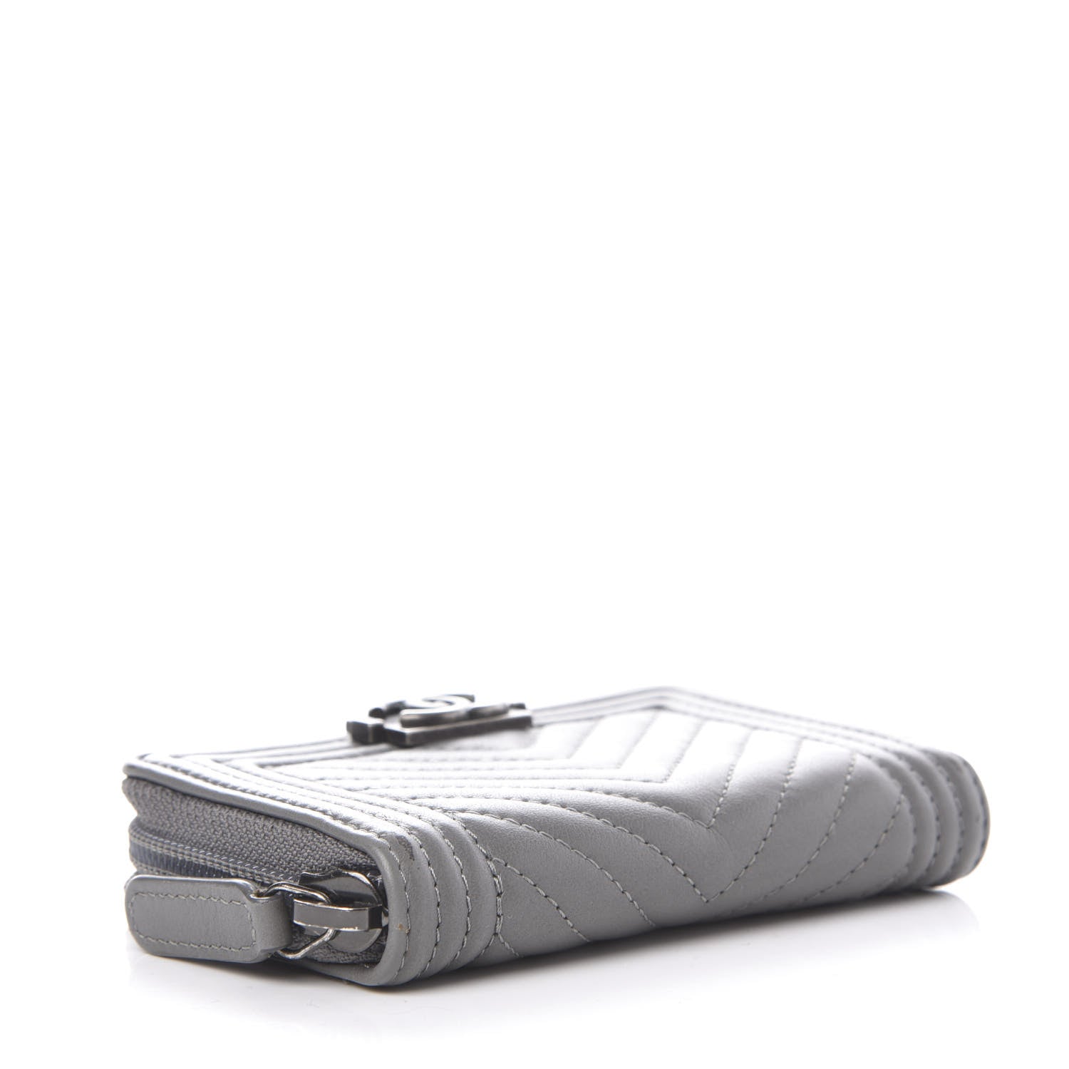 Chanel Calfskin Chevron Quilted Boy Zip Around Coin Purse Wallet Grey 4 of 8