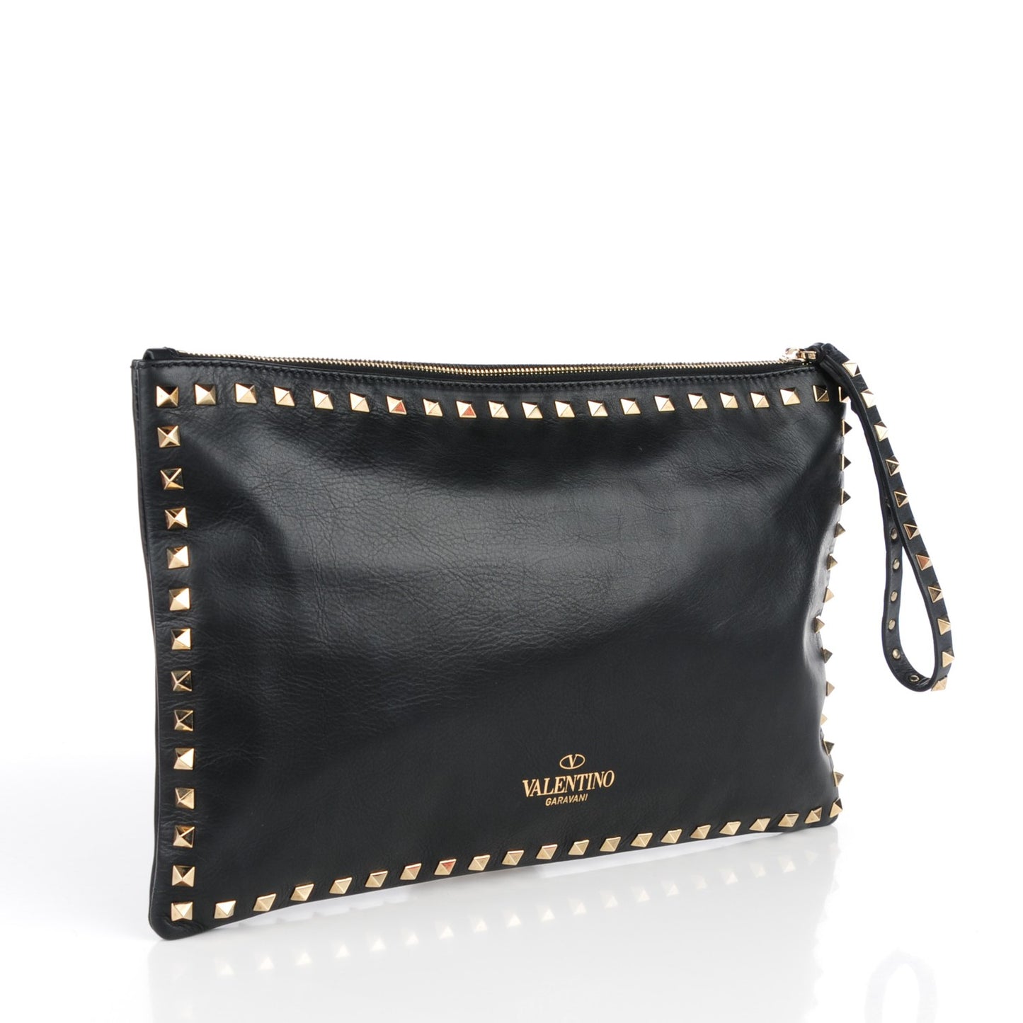 Vitello Large Rockstud Zip Wristlet Pouch Black