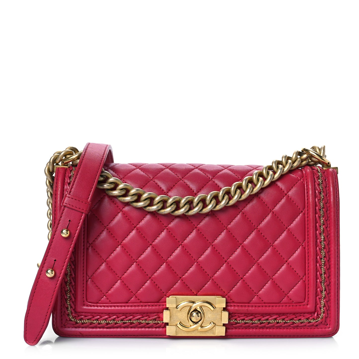 Lambskin Quilted Medium Chain Detail Boy Flap Fuchsia
