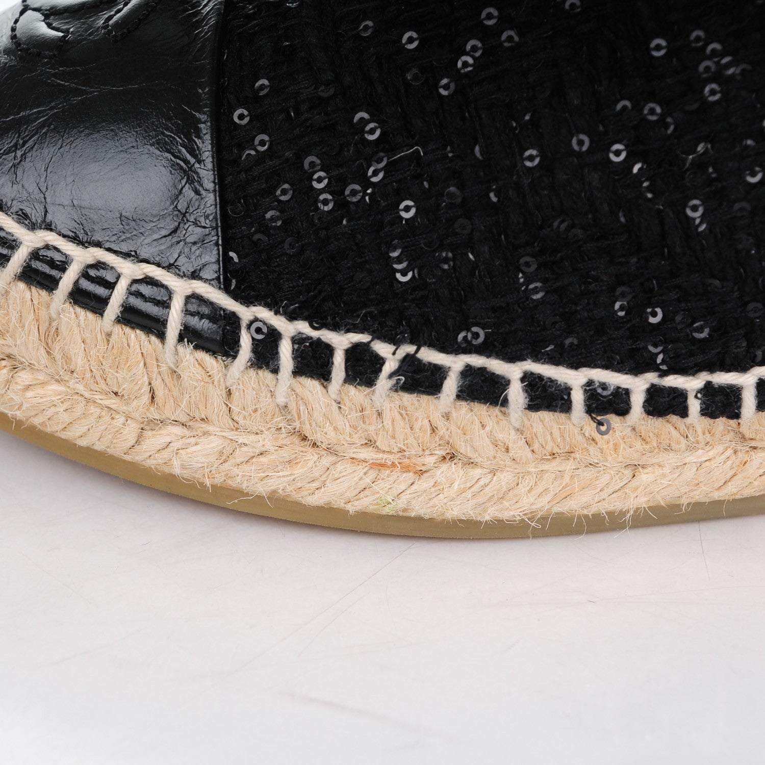 Chanel Tweed Patent Goatskin Sequin CC Espadrilles 38 Black 11 of 14