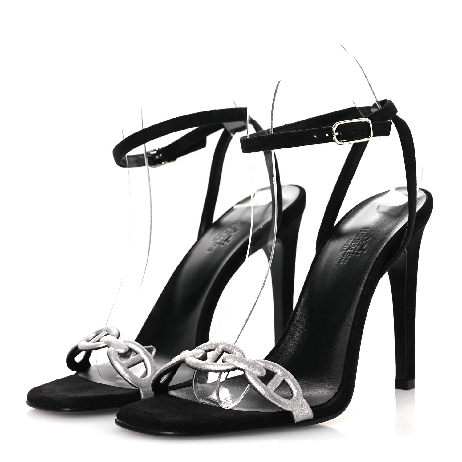 Hermes Metallic Suede Goatskin Luz 105 Sandals 38 Black Gris Argente 4 of 11