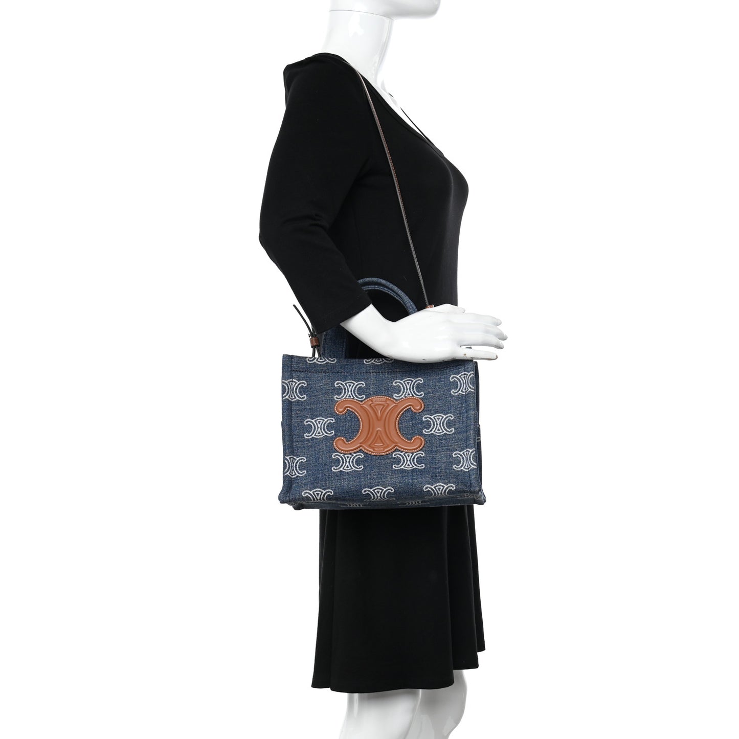 Denim Calfskin Triomphe Print Cabas Blue Tan