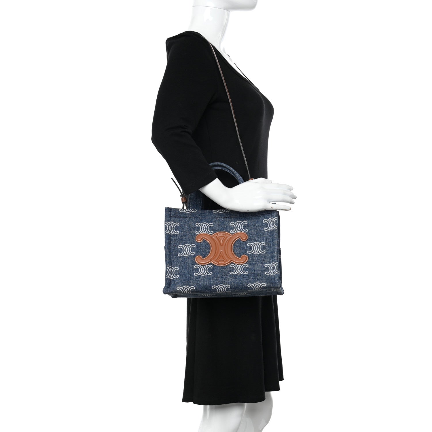 Celine Denim Calfskin Triomphe Print Cabas Blue Tan 2 of 10