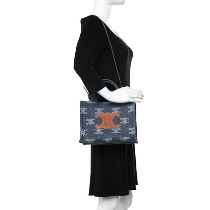 Celine Denim Calfskin Triomphe Print Cabas Blue Tan 2 of 10