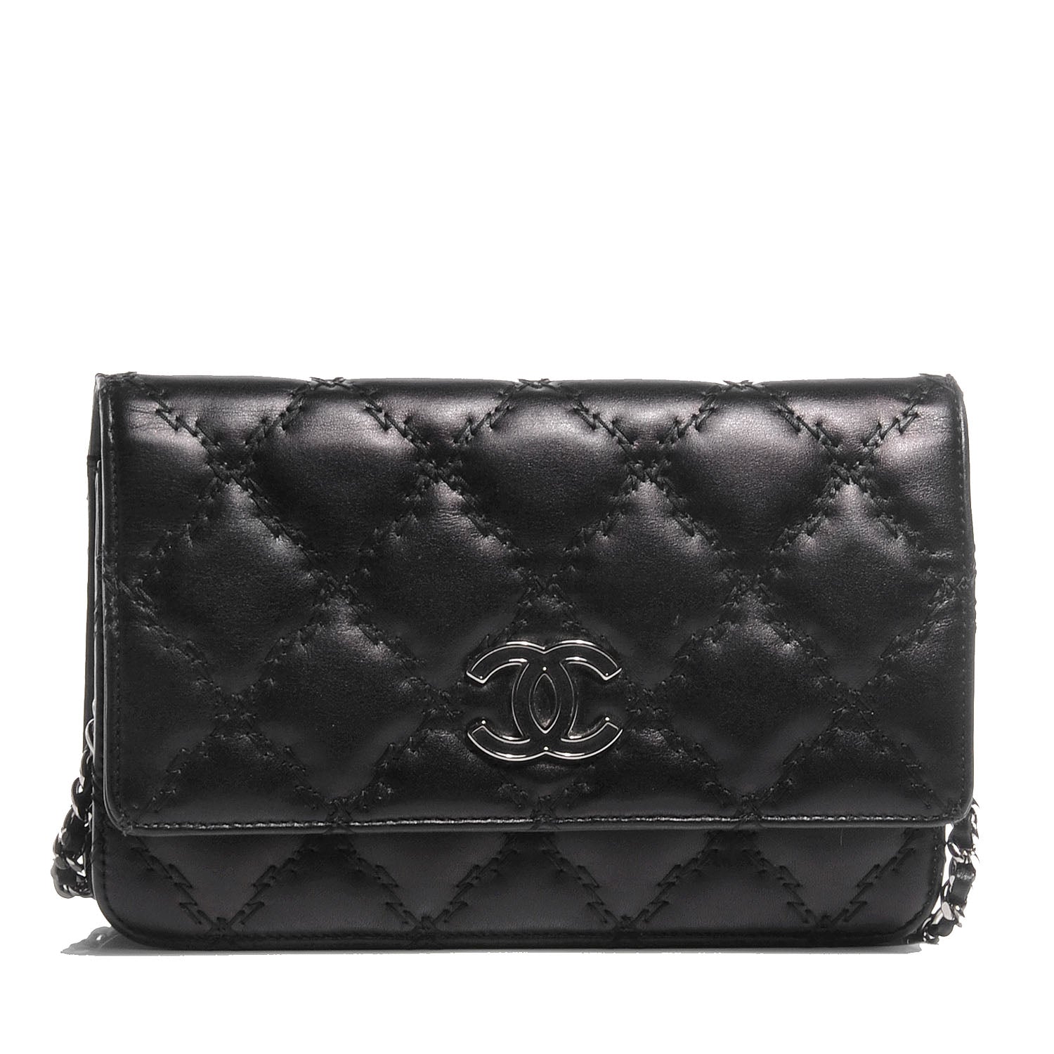 Chanel Calfskin Double Stitch Hamptons Wallet On Chain WOC Black 1 of 11