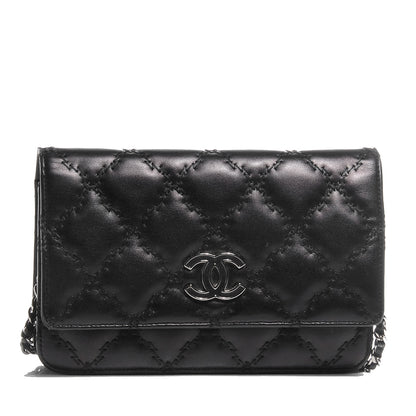Chanel Calfskin Double Stitch Hamptons Wallet On Chain WOC Black 1 of 11