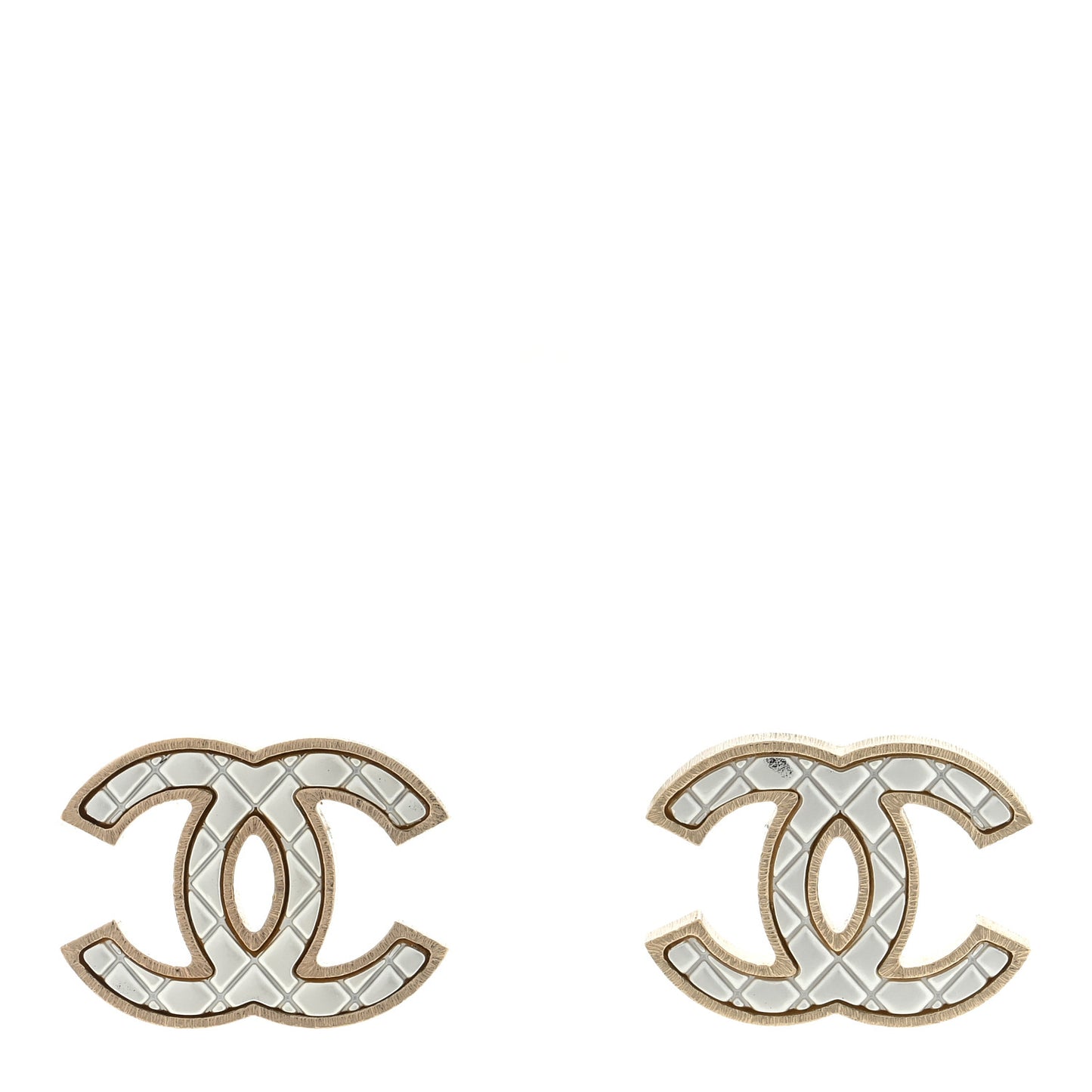 Metal Quilted CC Earrings Gold White