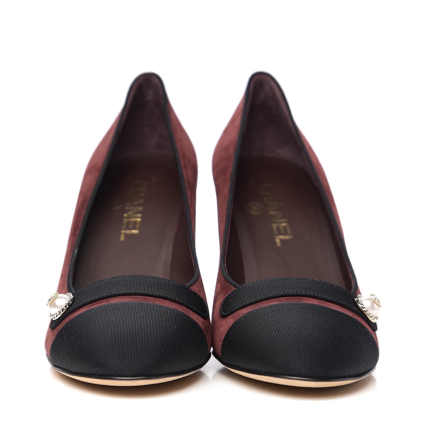 Glitter Calfskin Grosgrain Cap Toe Pearl Pumps 38.5 Burgundy Black