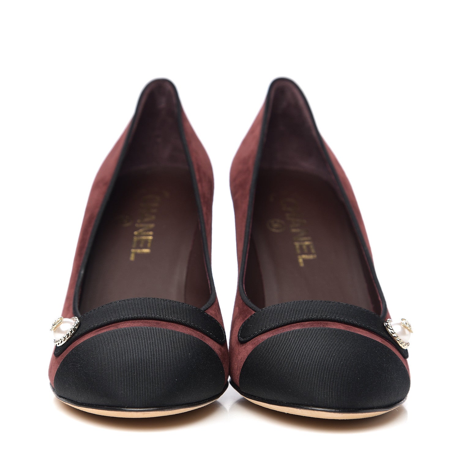 Chanel Glitter Calfskin Grosgrain Cap Toe Pearl Pumps 38.5 Burgundy Black 2 of 10